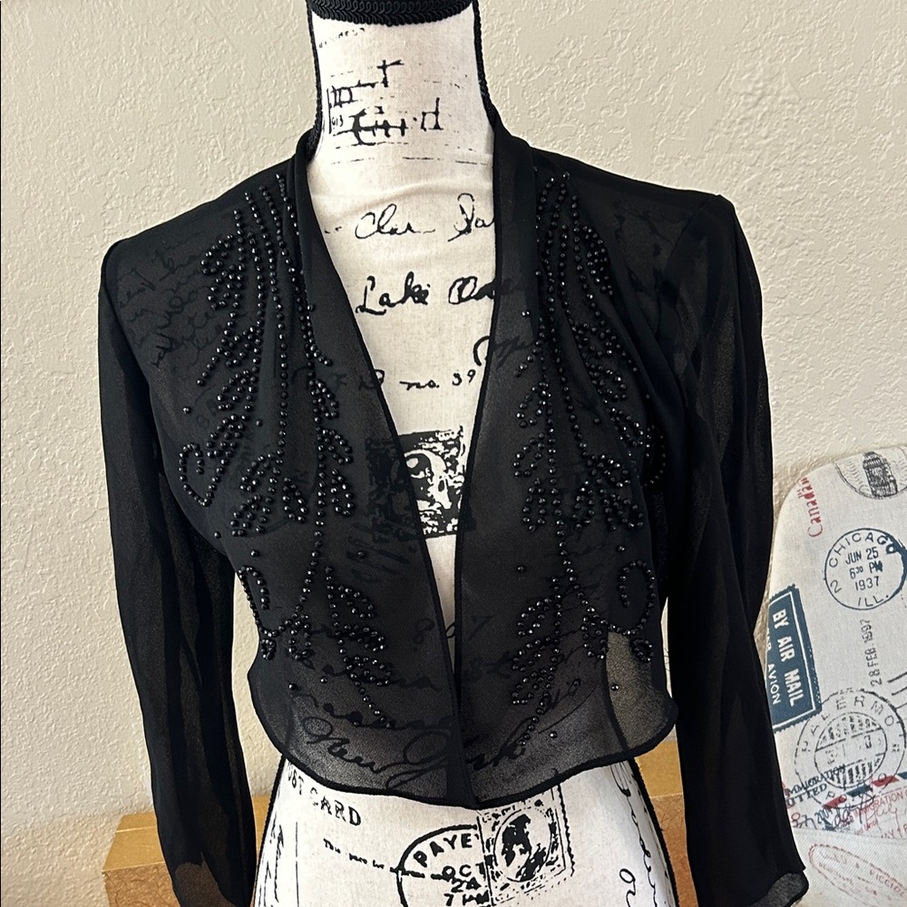 R&M Richards Elegant Black Sheer Beaded Blazer
